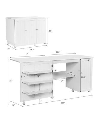 Folding Sewing Table Shelves Storage Cabinet Craft Cart with Wheels