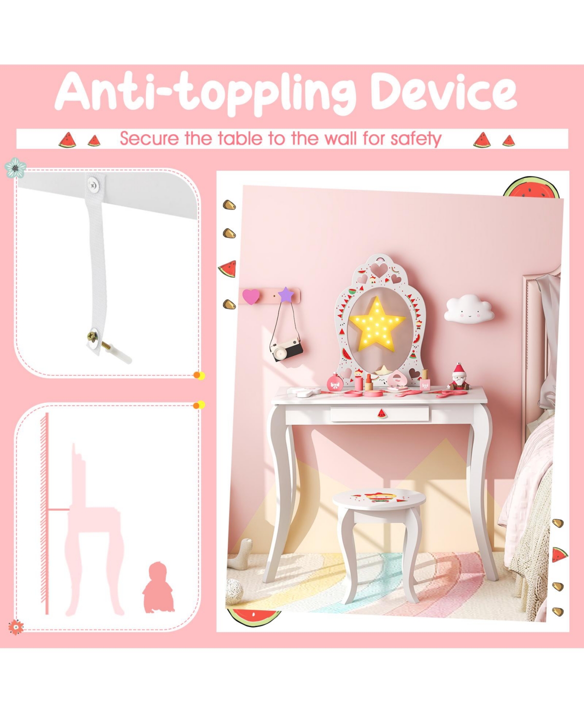 Gouun 1 Children Pretend Makeup Vanity Set with Removable Mirror and Storage Drawer