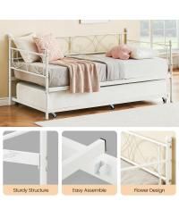 Twin Daybed with Trundle, Modern Metal Daybed with Classic Headboard, Steel Slat Support Sofa Bed for Bedroom, Living Room, Guest Room