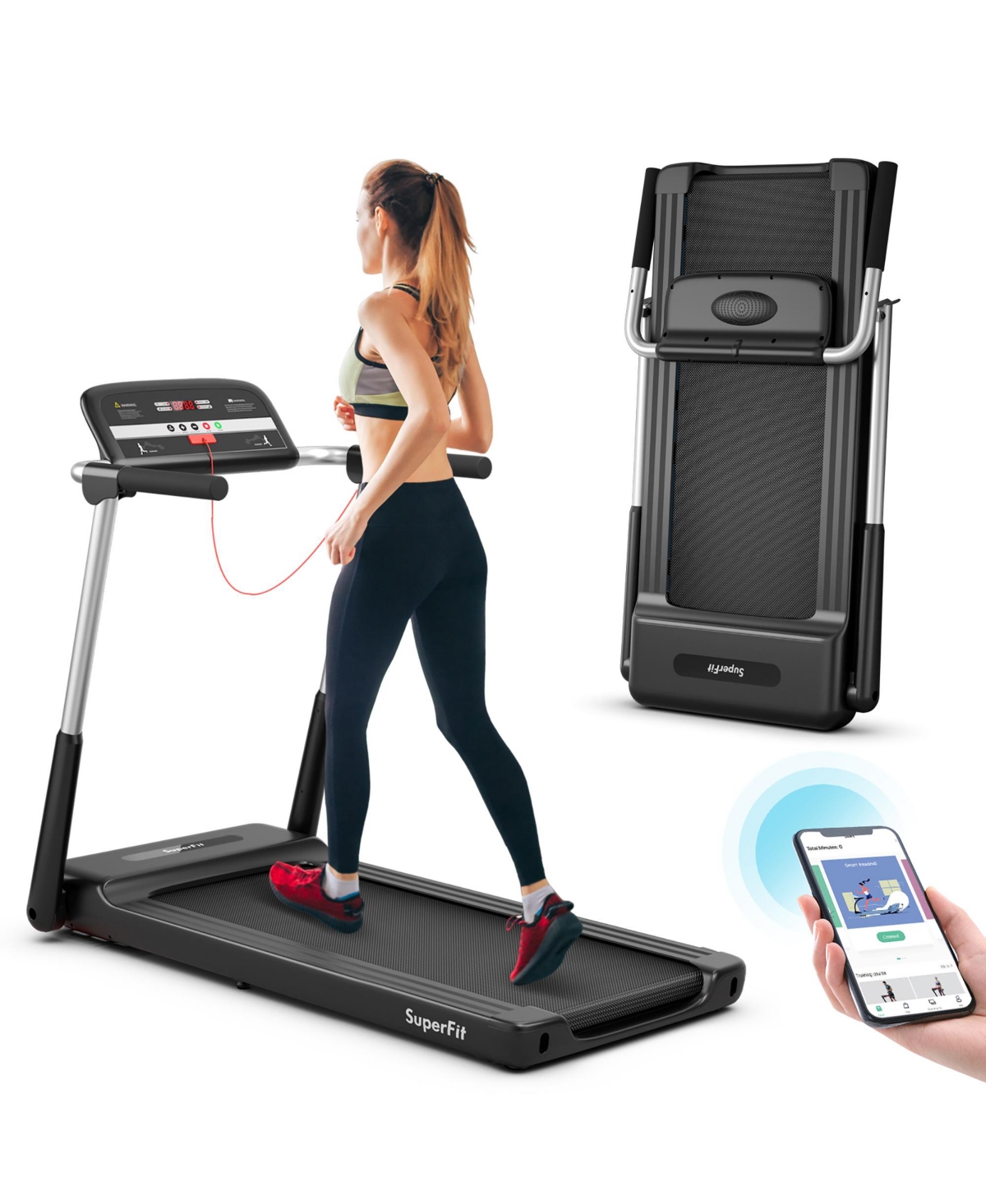 2.25HP Folding Led Treadmill Electric Running Walking Machine w/ App Control Gym - Black