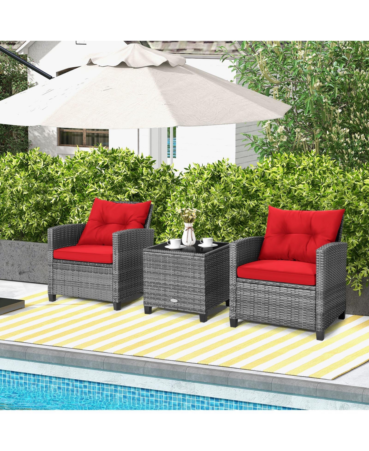 3 Pieces Outdoor Wicker Conversation Set with Tempered Glass Tabletop