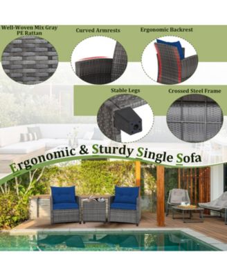 3 Pieces Outdoor Wicker Conversation Set with Tempered Glass Tabletop