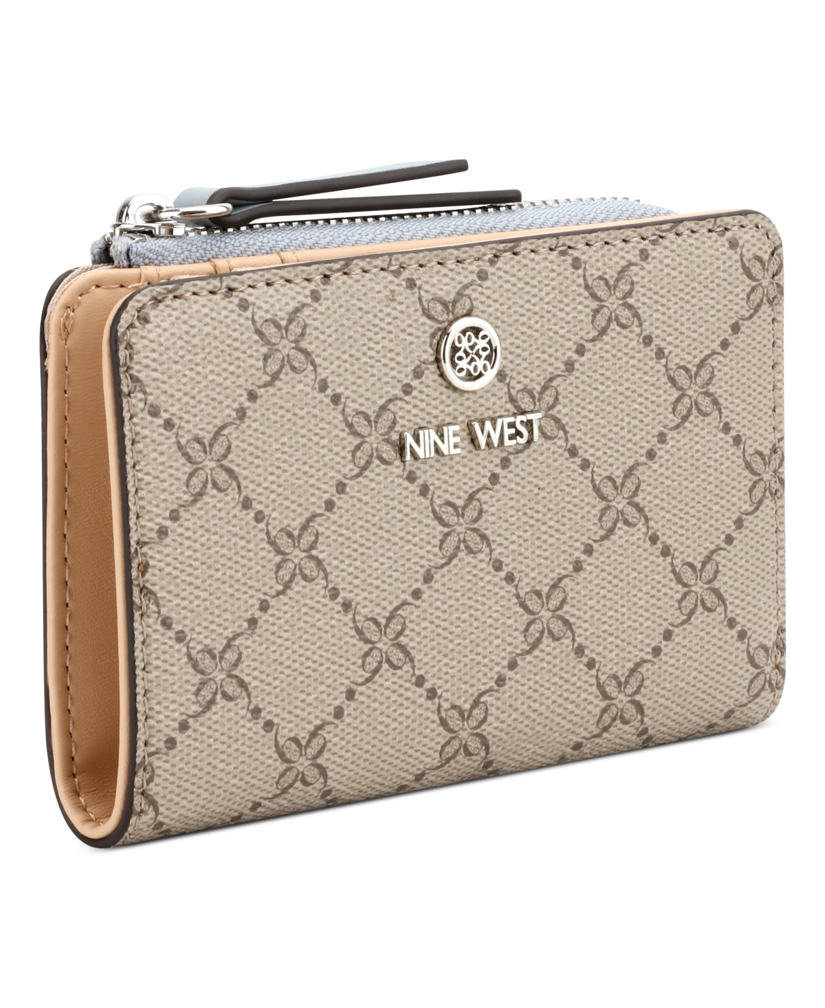 Nine West Lockup 9s Zip Around Card Case Wallet In Beige Logo Bluestone