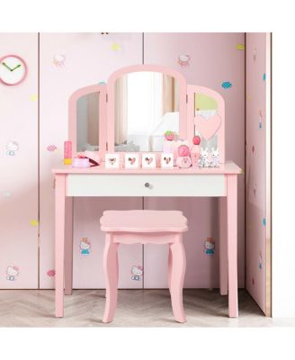 Kids Princess Make Up Dressing Table with Tri-folding Mirror and Chair
