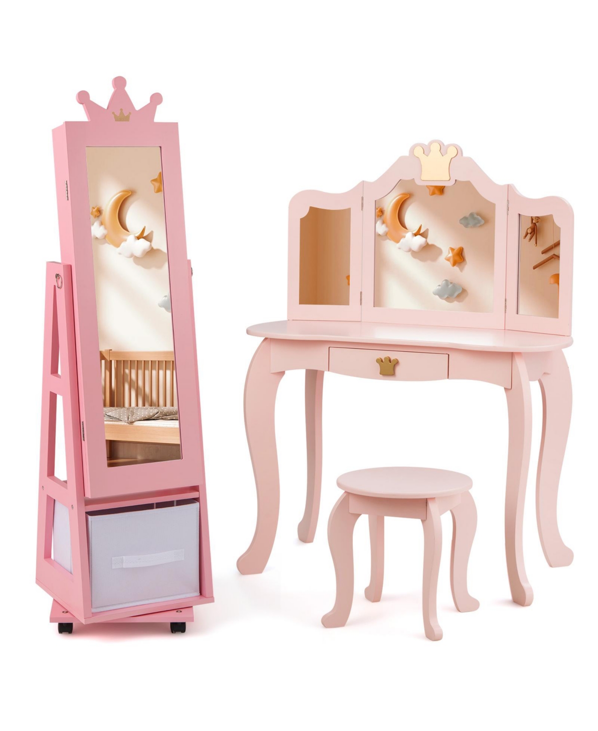 Gouun Kids Jewelry Armoire Cabinet with Swivel Base and Lockable Universal Wheels