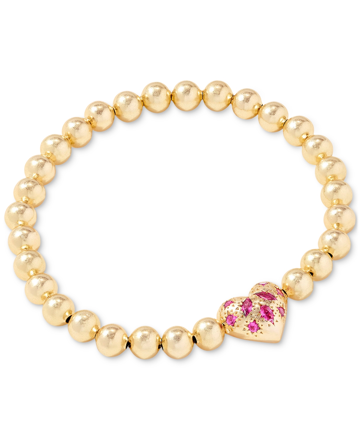 Mixed-Cut Stone Heart Charm Beaded Stretch Bracelet - Rhod White
