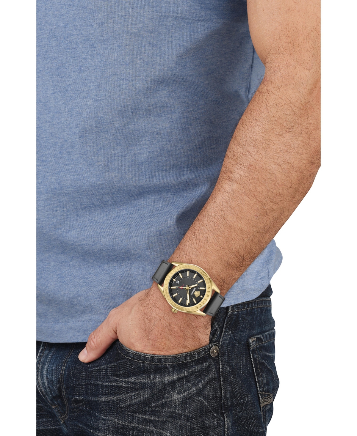 Versace Men's V-code Ip Yellow Gold Stainless Steel And Leather Strap Watch, 42mm In Gold,black