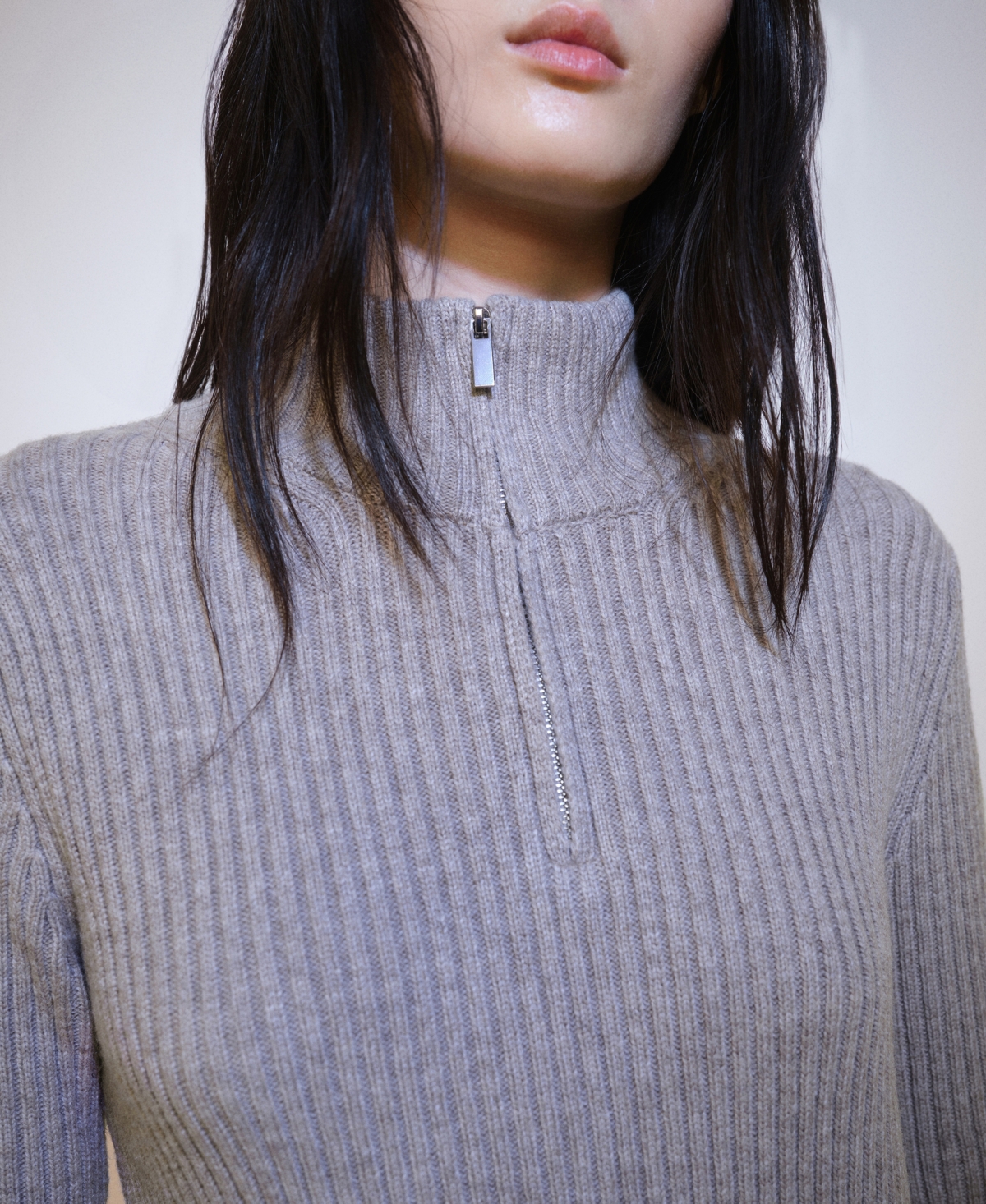 Mango Women's Zipper Detail Ribbed Sweater - Pastel Gray