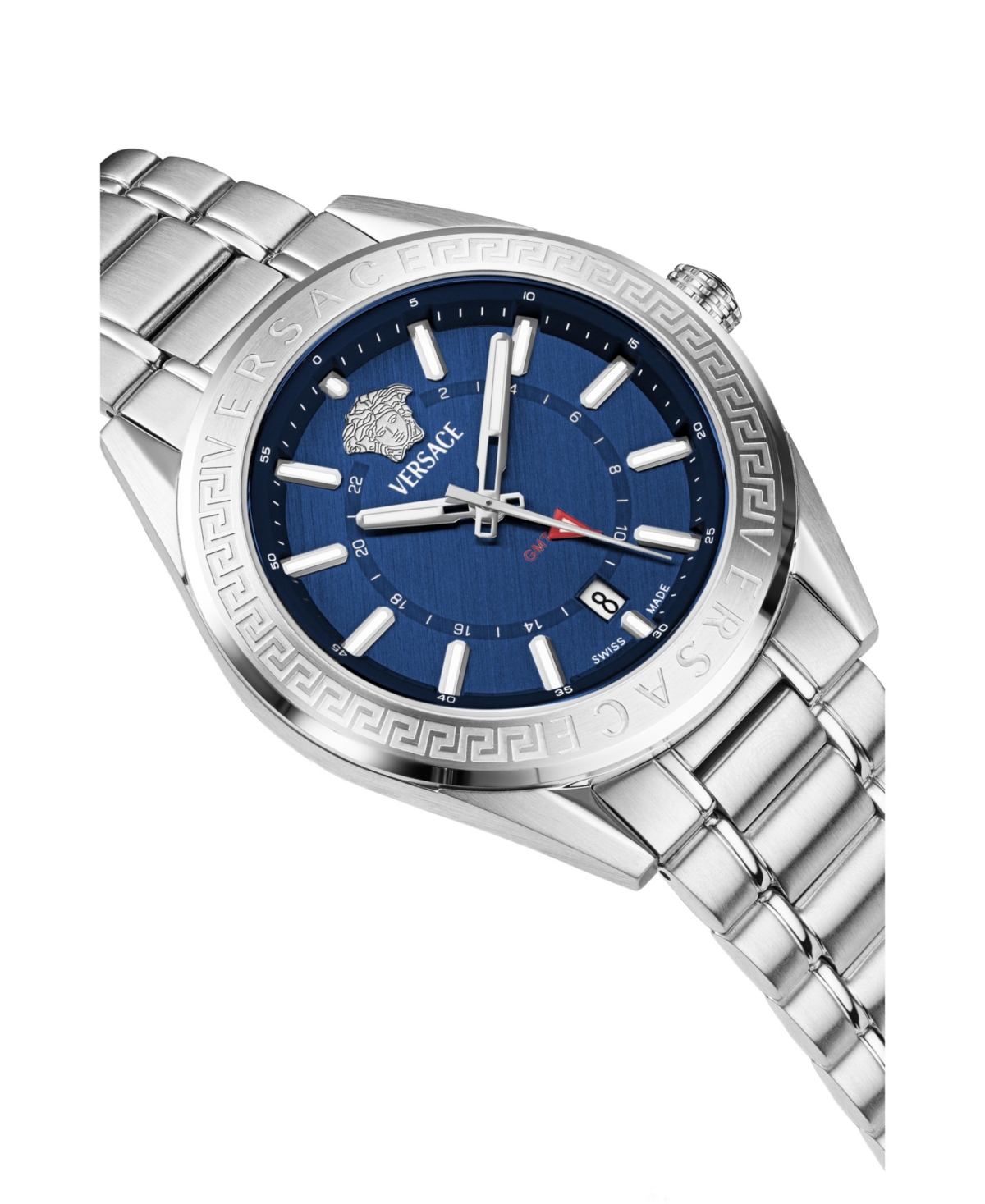 Versace Men's V-code Silver Stainless Steel Bracelet Watch, 42mm In Silver,blue
