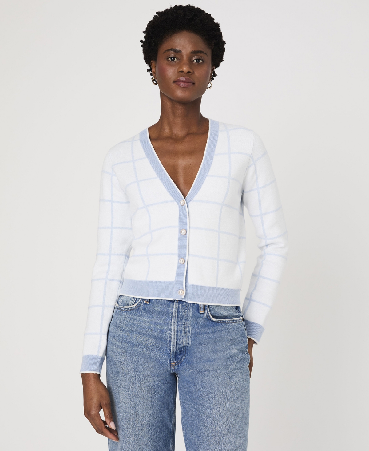 French Connection Women's Check-print Button-front Cardigan In Summer White,sky Blue