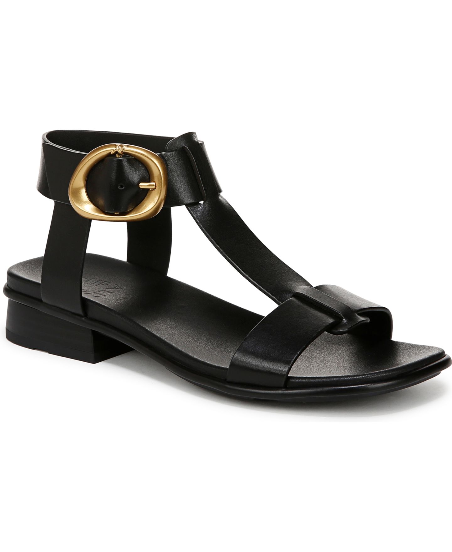 Женские сандалии Naturalizer Brandy T-Strap Block Heel, цвет: Чёрный кожаный — фото 1