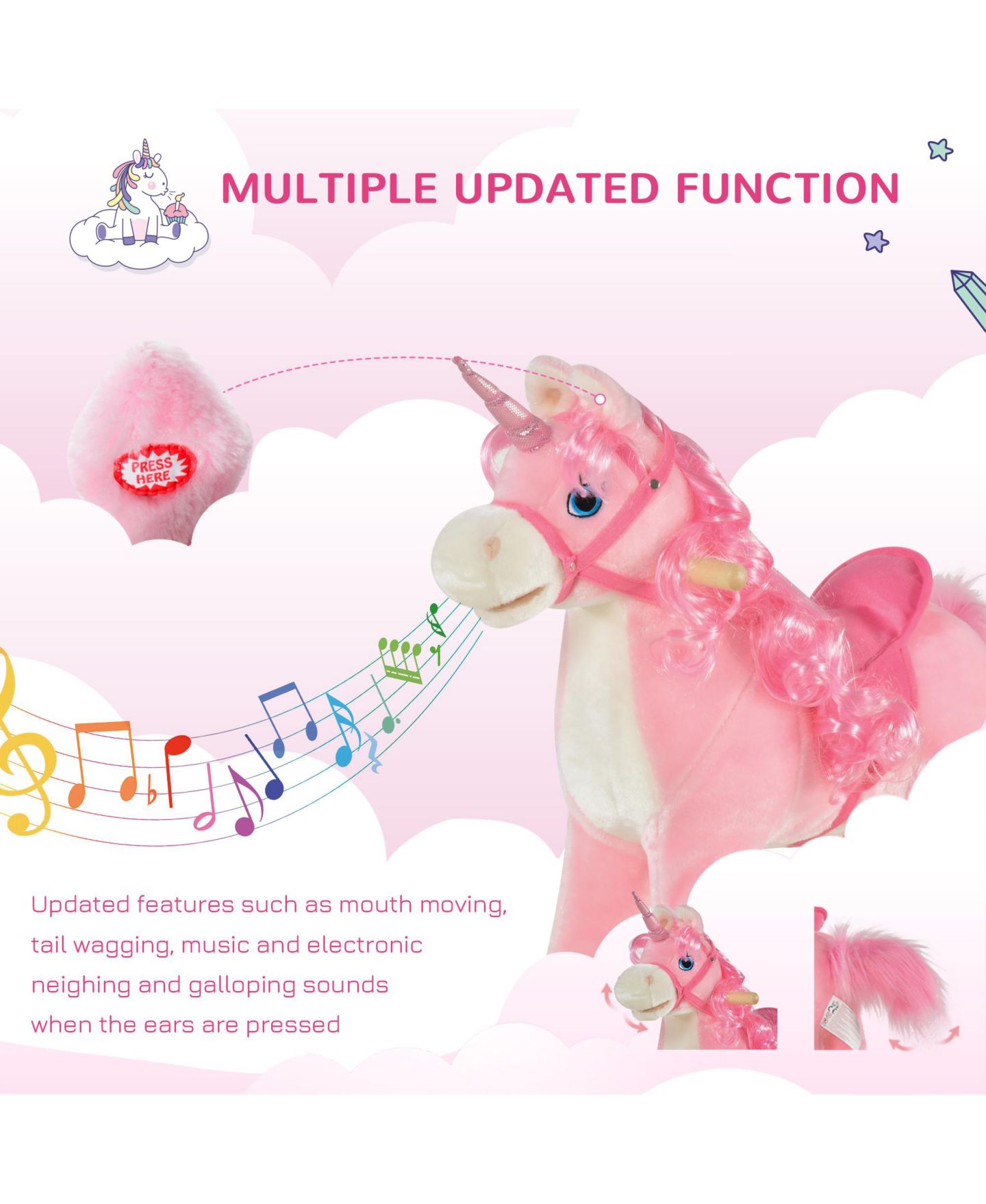 Детская игрушка Qaba Kids Rocking Horse, Ride on Unicorn w/ Wooden Base, Tail Wag & Sounds, цвет: Розовый — фото 3