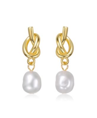 Sterling Silver 14K Gold Plated with Freshwater Pearl Pretzel Love Knot Dangle Earrings
