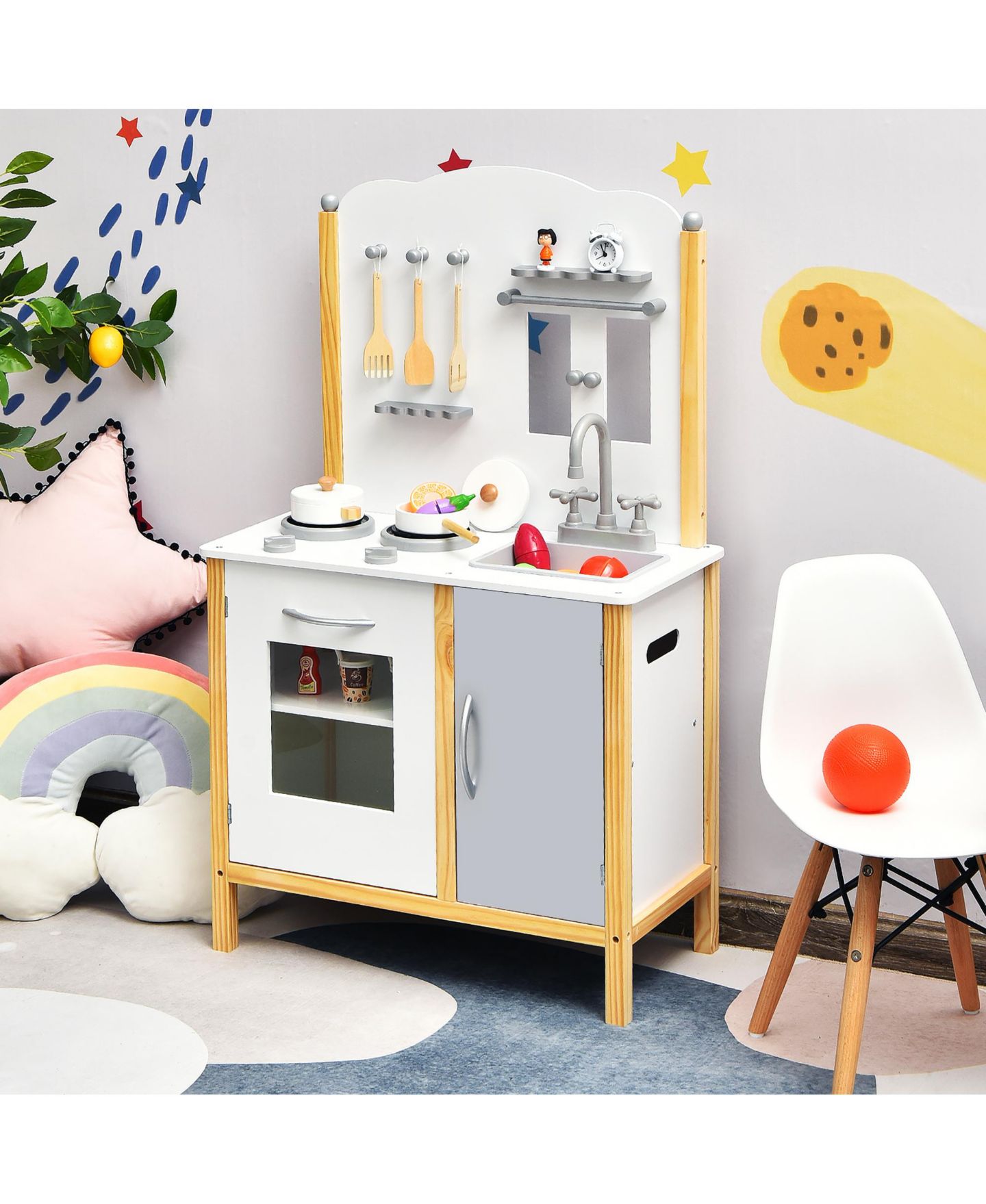 Детские игрушки Costway Play Kitchen with Storage Cabinet 6-Piece Set, Ages 3+, цвет: Белый — фото 3