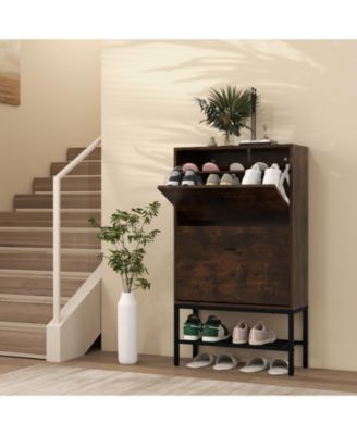 Industrial Shoe Storage Cabinet with 2 Flip Drawers and 1 Bottom Metal Shelf