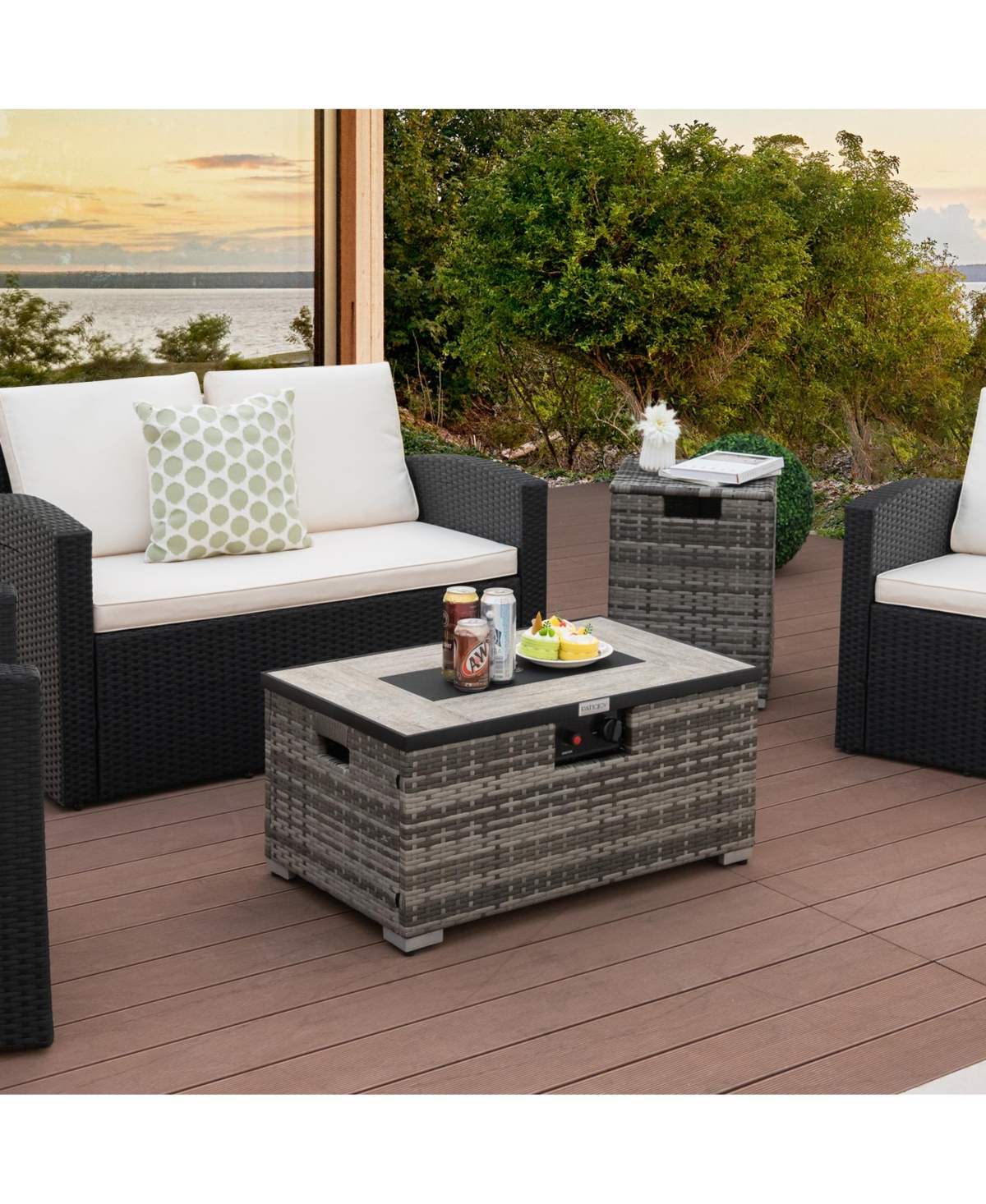 Gouun 32 x 20 Inch Propane Rattan Fire Pit Table Set with Side Table Tank and Cover