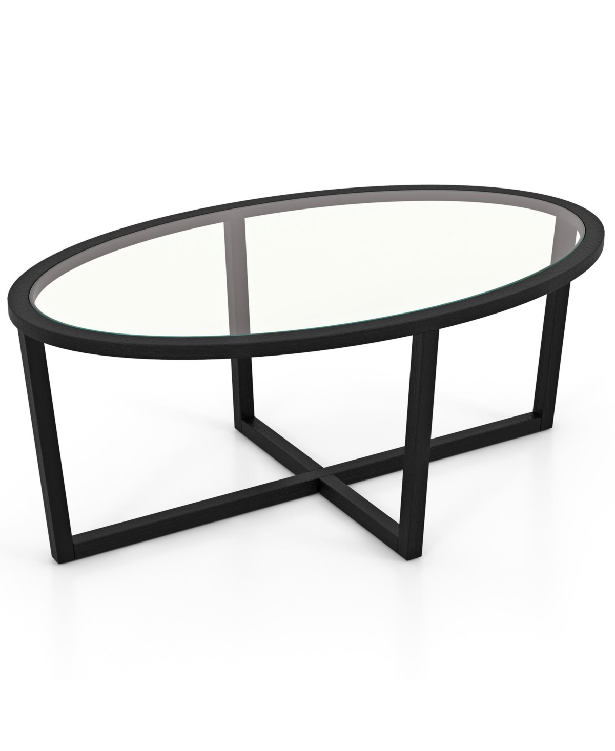 Glass Table Oval Living Room Table with Cross Base and Acacia Wood Legs - Black