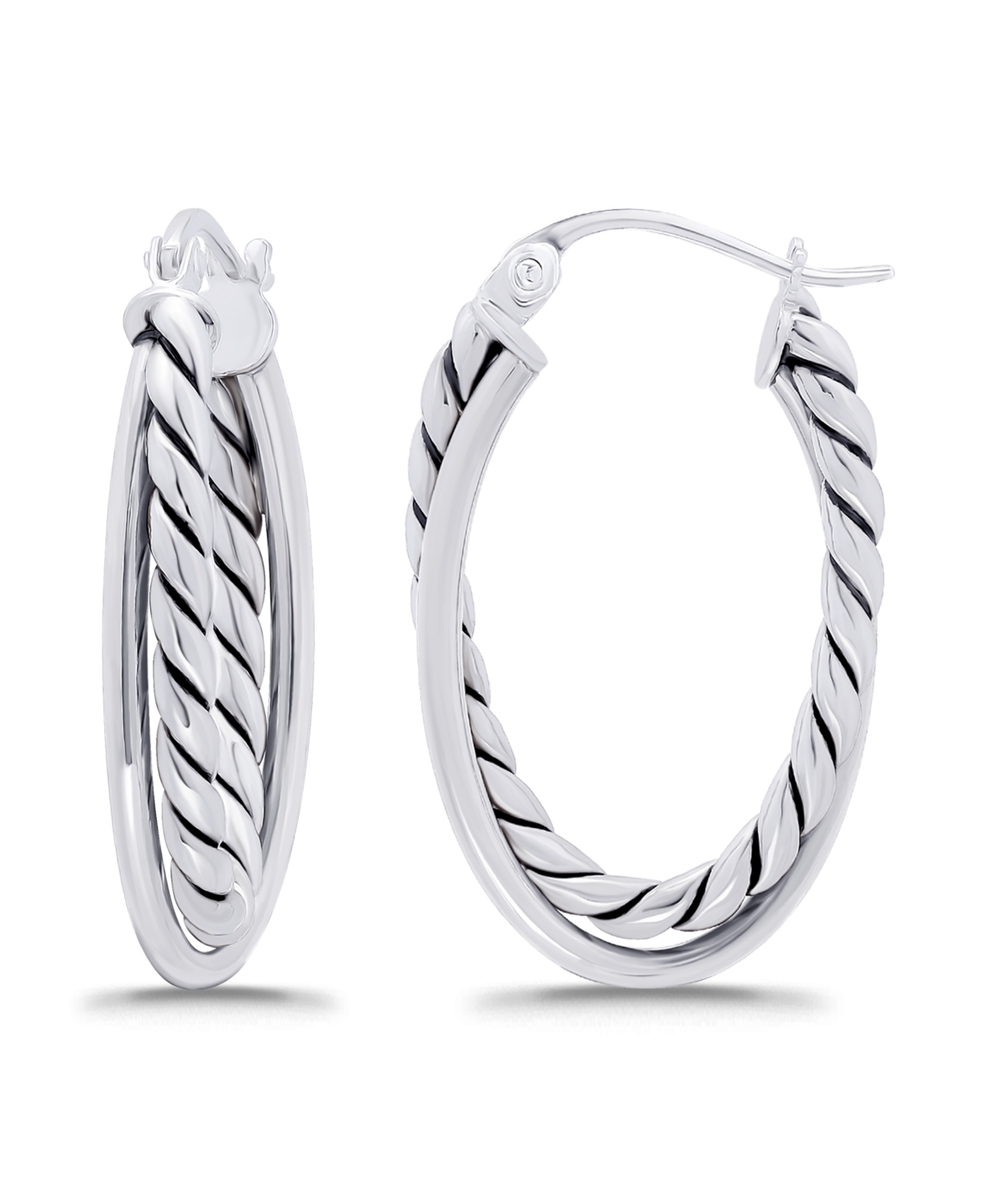 Macy's Oxidized Oval Two Row Polish Tubing Click Top Hoop Earrings In Silver