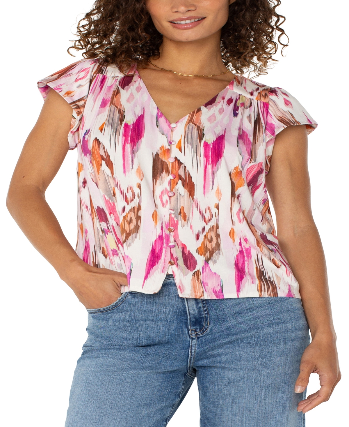 Liverpool Los Angeles Women's Flutter Sleeve Button Front Knit Top In Multi