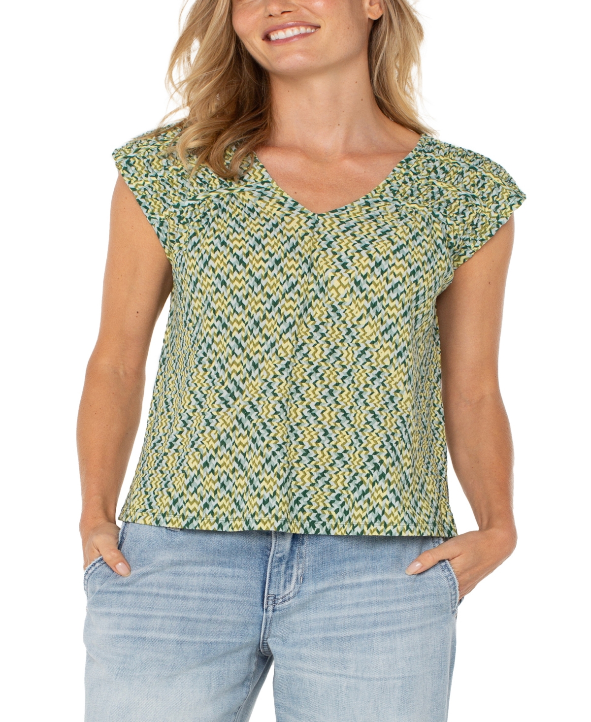 Liverpool Los Angeles Short Sleeve Back Tie Top In Green Mini Chevron