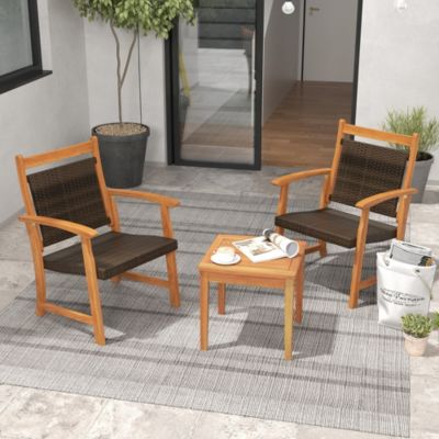 3 Piece Brown Wicker Bistro Set Patio Chair Set of 2 w/ Acacia Wood Side Table