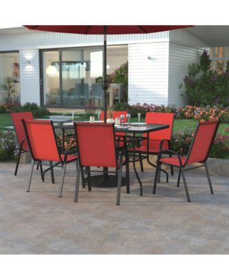 7-Piece Patio Table Set with Metal Table and Tempered Glass Top and 6 Flex Comfort Stacking Chairs