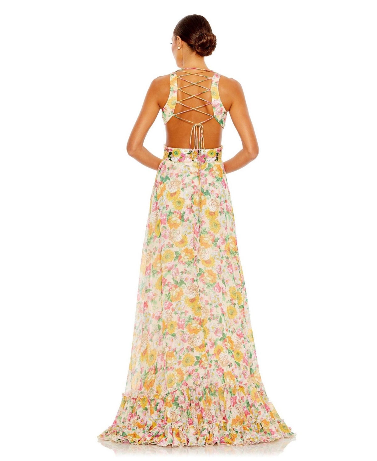 Mac Duggal Women's Floral Print Cut Out Lace Up Tiered Gown