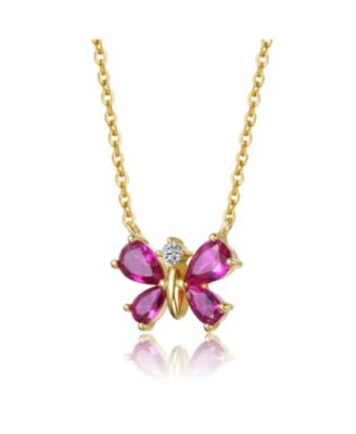 Sterling Silver 14K Gold Plated Butterfly Necklace with Red Cubic Zirconia