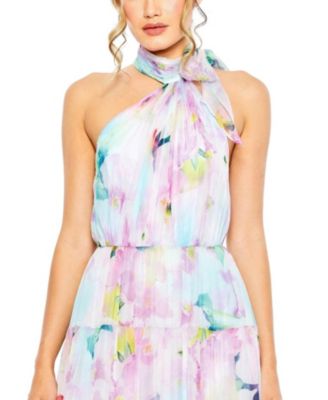 Women's Floral Print Asymmetrical Halter Neck Tiered Gown
