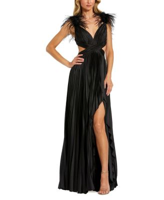 Women's Pleated Feather Cap Sleeve Open Back Gown