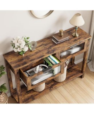Entryway Table, 2 Tier Console Table with Storage, Wood Sofa Table with 2 Glass Drawers for Entry Way, Hallway,Living Room