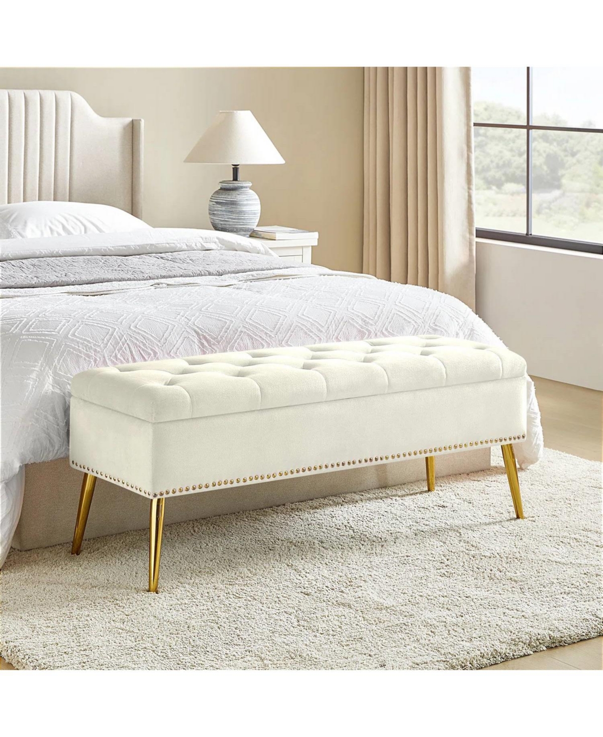 Slickblue Mid-Century Modern End of Bed Storage Bench with Upholstered Seat and Wooden Legs