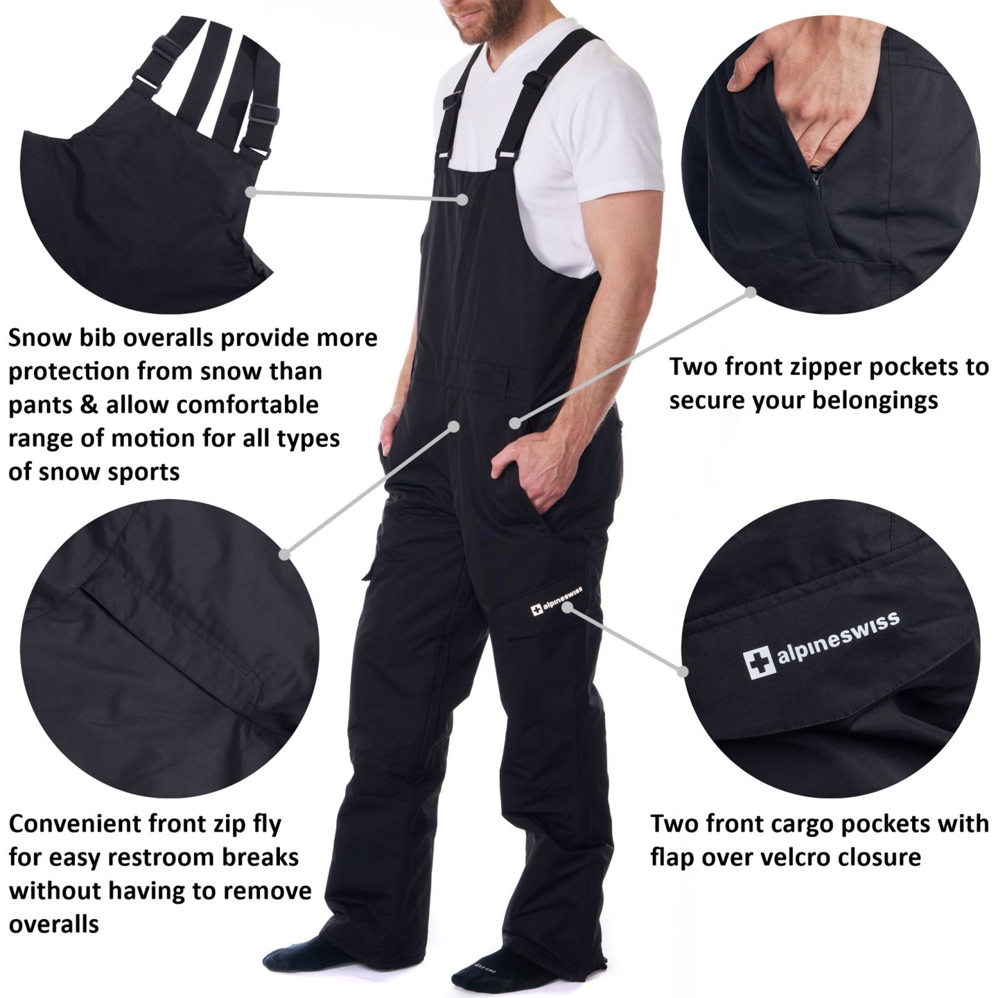 Мужские брюки Alpine Swiss Insulated Snow Bib Overalls Waterproof Ski Snowboard, цвет: Чёрный — фото 3