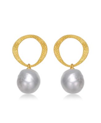 Sterling Silver 14K Gold Plated with Genuine Freshwater Button Pearl Drop Earrings