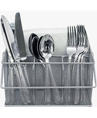 Mesh Utensil Caddy - Organize & Serve in Style! Perfect for Kitchen, Parties, and More. Multi-purpose with Compartments & Sturdy Handle -Silver