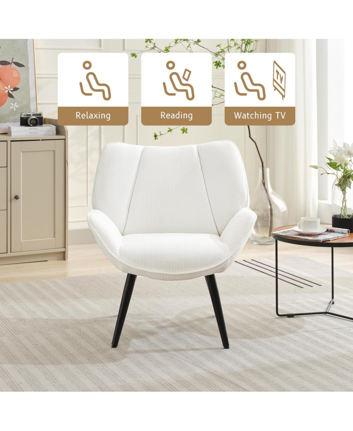 gaomon Modern Mid-Century Accent Armchair, Comfortable Single Sofa for Living Room, Bedroom, or Office, Corduroy Upholstered Reading Chair with Wingba