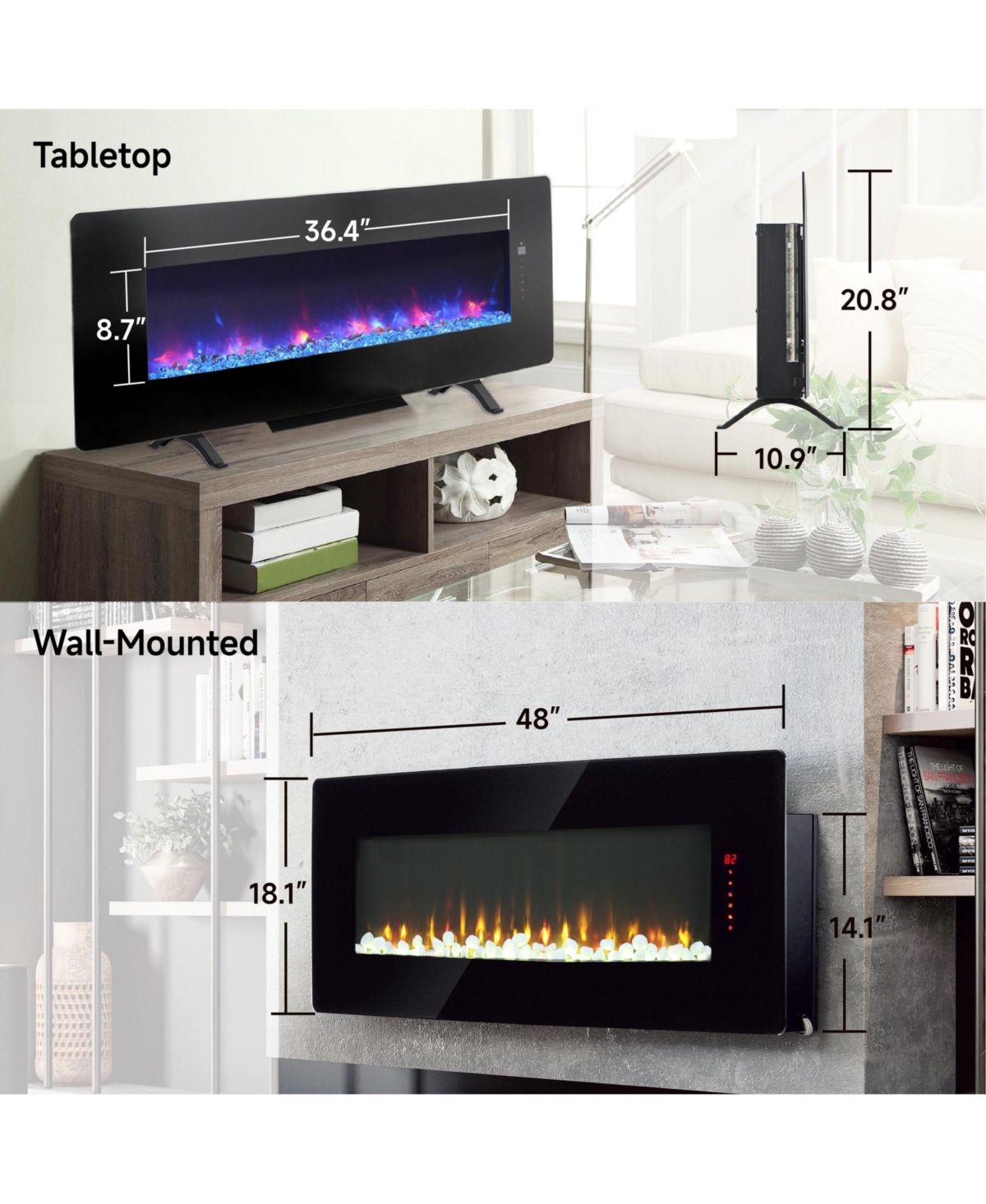 Mondawe Curved Front Wall Mounted Electric Fireplace With Remote Multi Color Flame&Emberbed