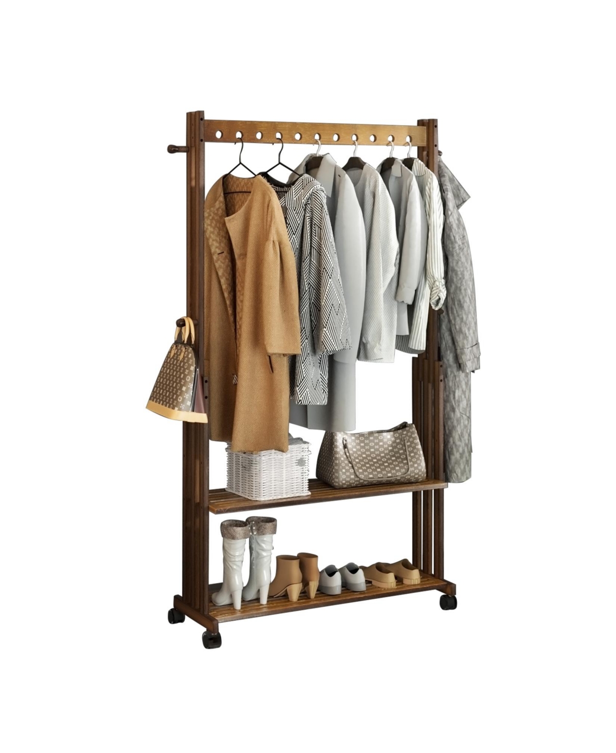 Retro Bamboo Clothes Rack: Brown Garment Organizer Hanging Rack with Wheels - Brown