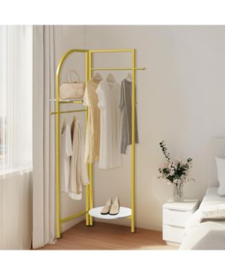 Gold Metal Corner Coat Rack: Garment Rack with 2 Shelves Storage Hanging Clothes