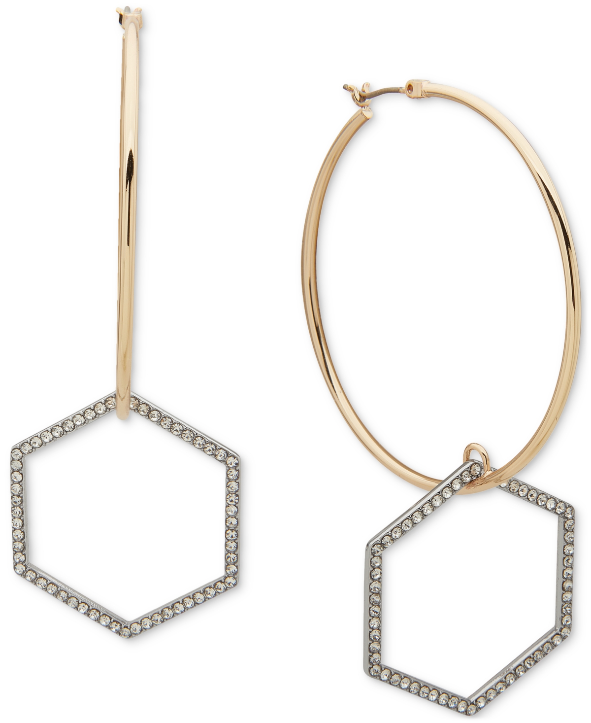 Two-Tone Pave Hexagon Charm Hoop Earrings - Crystal