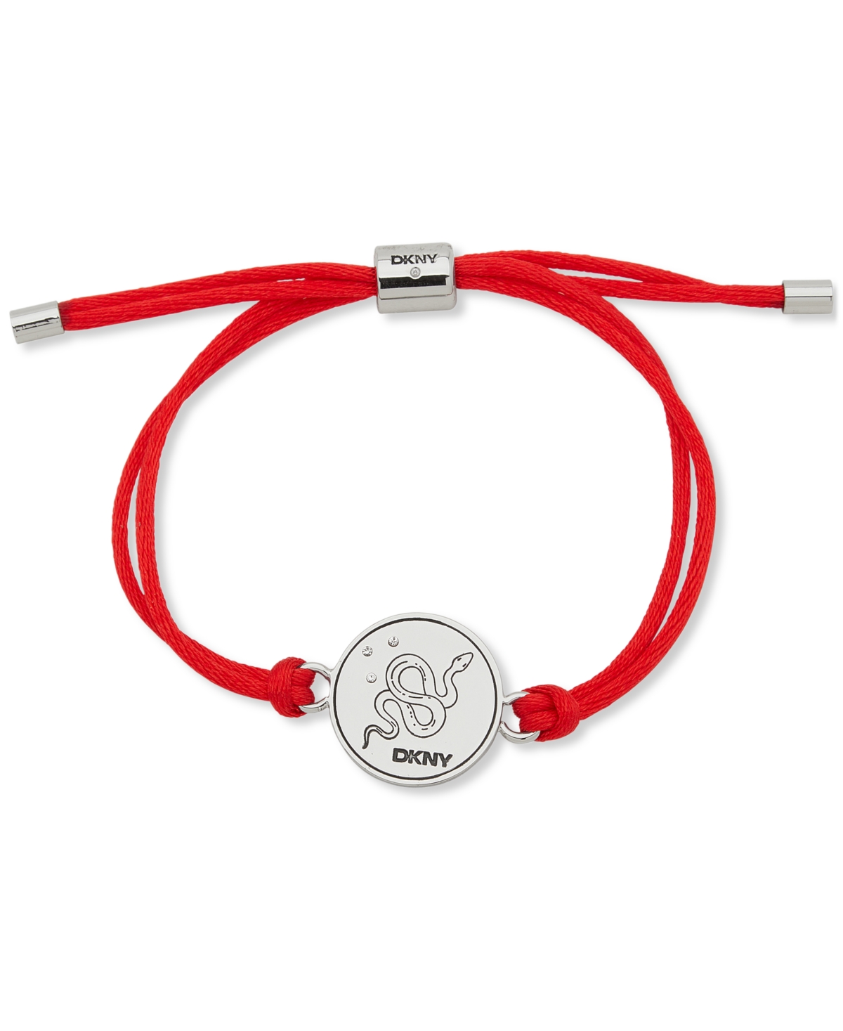 Dkny Silver-tone Pave Snake Coin Red Cord Slider Bracelet In Red