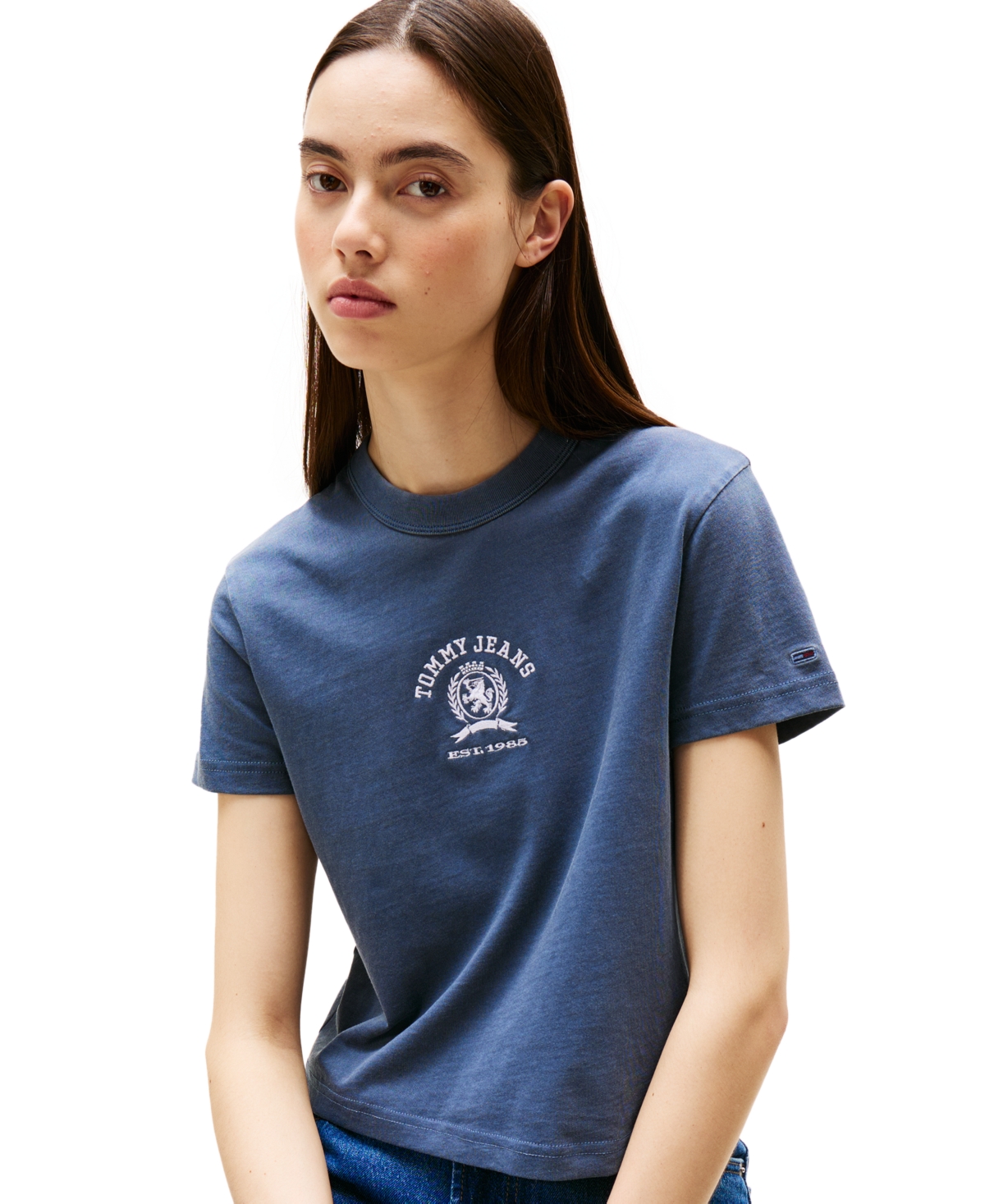 Shop Tommy Jeans Women's Cotton Varsity Crest Crewneck Tee In Dark Night Navy