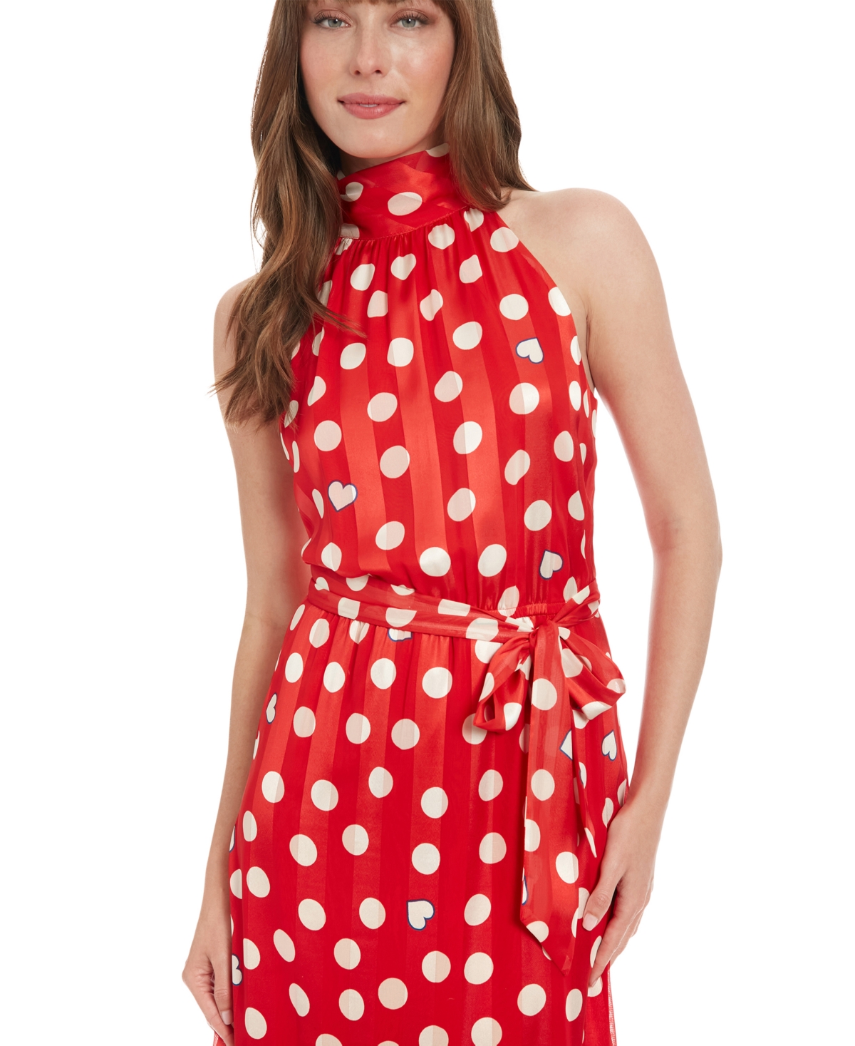 London Times Women's Polka-dot Tie-waist Mock-neck Dress In Red,cream