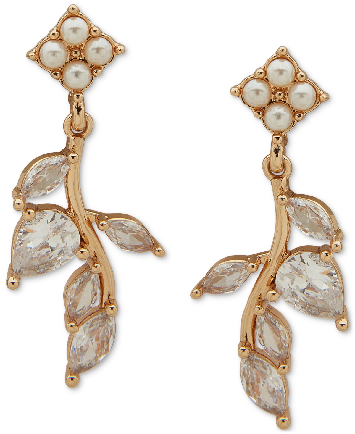 Gold-Tone Crystal & Imitation Pearl Flower Drop Earrings - White