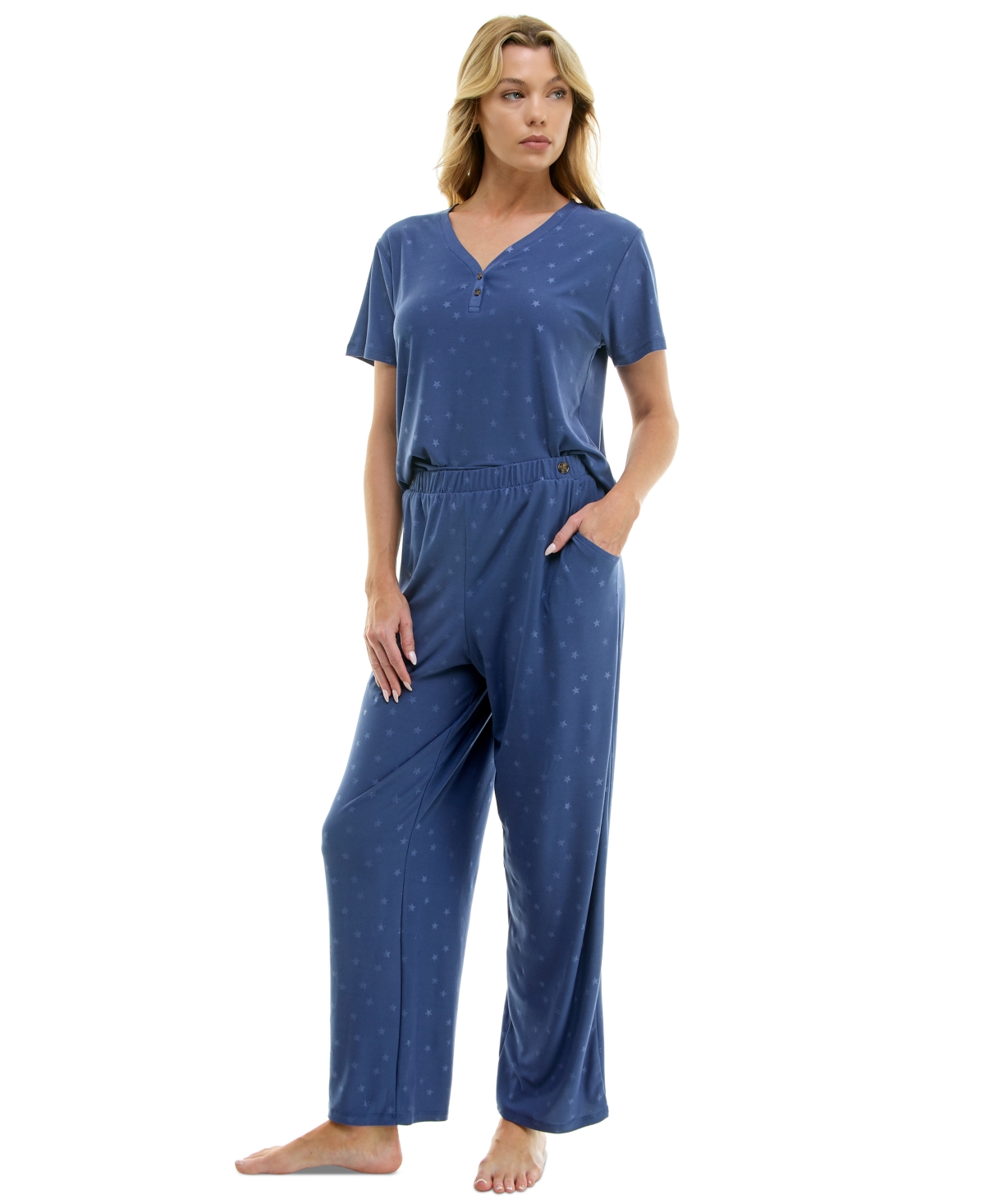 Women's Star-Print Henley Pajama Set - Fall Stars Gray Blue