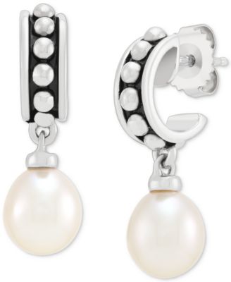 Macy's - Cultured Freshwater Teardrop Pearl (8 - 8-1/2mm) Dangle Huggie Hoop Earrings in Sterling Silver