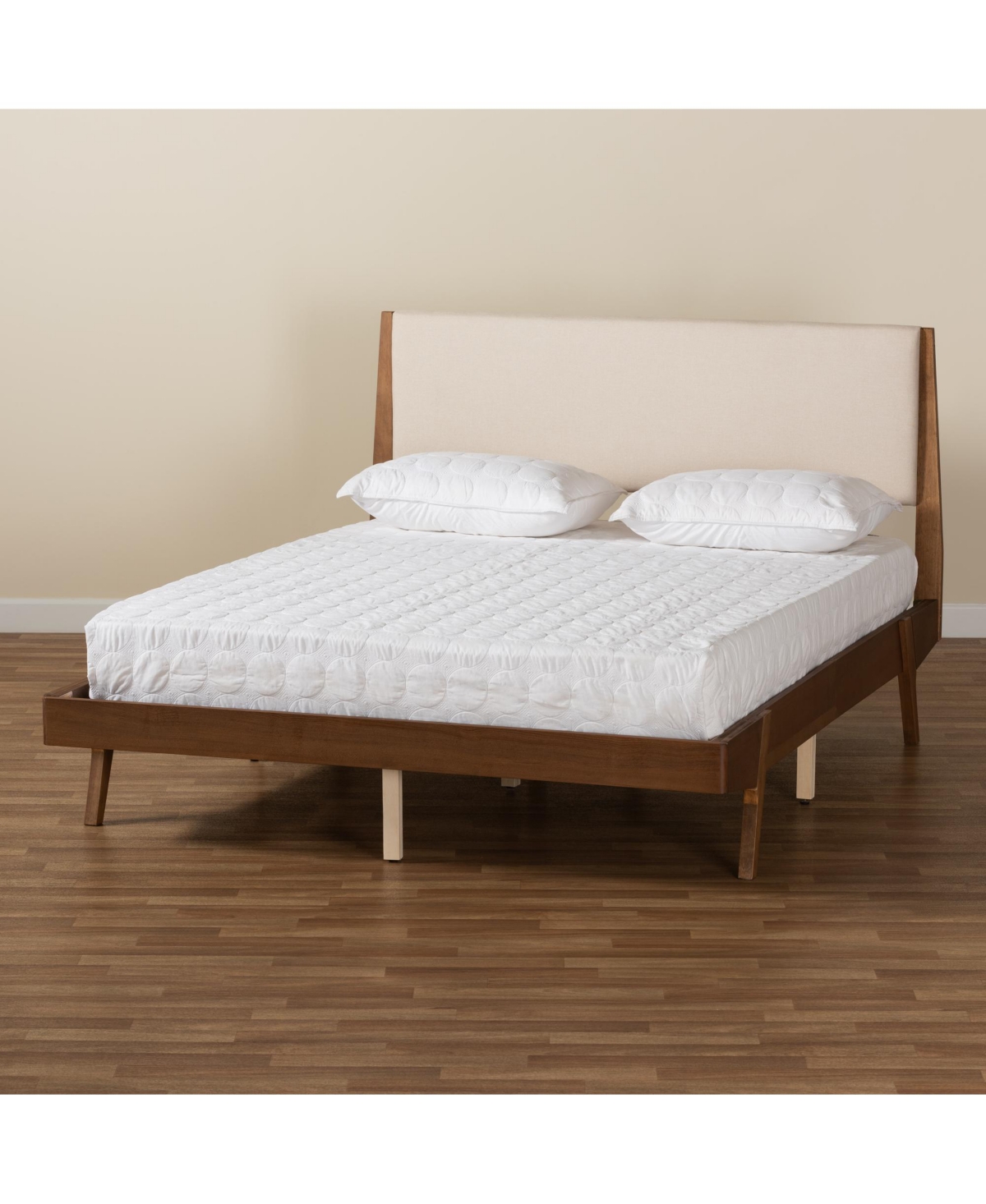 Baxton Studio Senna Mid-Century ModernFabric Upholstered and Walnut Brown Finished Wood King Size Platform Bed - Beige/walnut brown