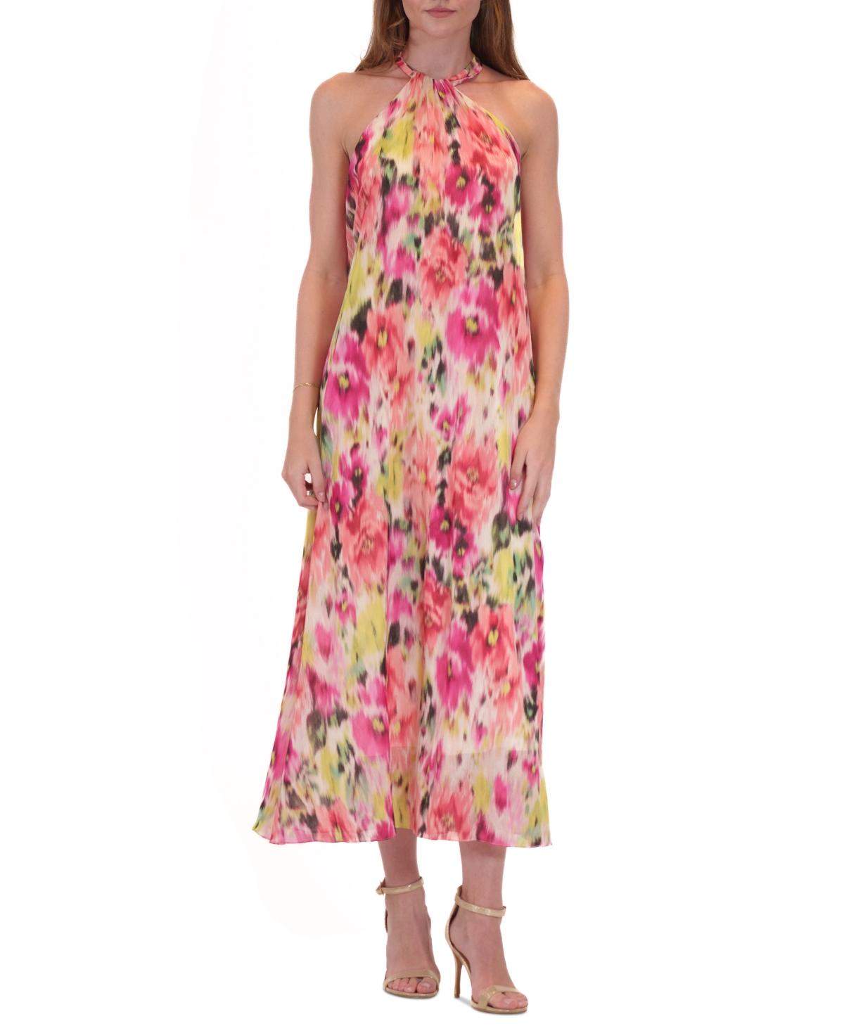 Women's Printed Twisted Halter-Neck Maxi Dress - Pink Multi
