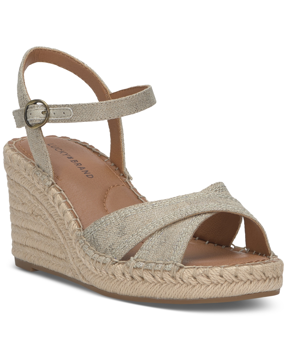 Shop Lucky Brand Women's Candyr Espadrille Wedge Sandals In Natural,platinum Metallic Linen