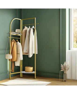 Gold Metal Corner Coat Rack: Garment Rack with 2 Shelves Storage Hanging Clothes